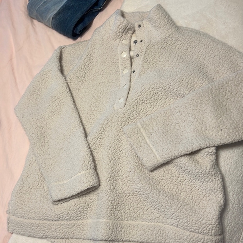 fuzzy button down crew neck